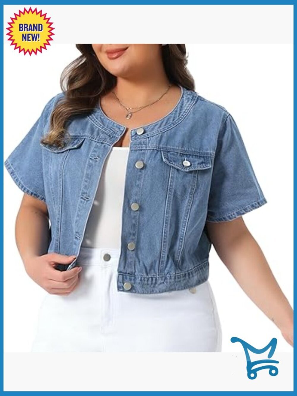 Plus Size Denim Vest Crop Jean Jacket Crew Neck Button Down Short Sleeve